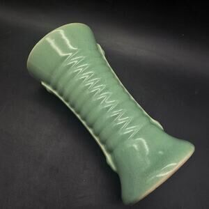 Brush Pottery Ribbed Teal Vase Vintage USA Ceramic